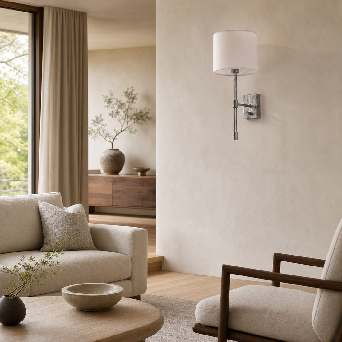 Atticus Fabric Shade Wall Sconce - Modern Brass Wall Light for Bedroom and Hallway