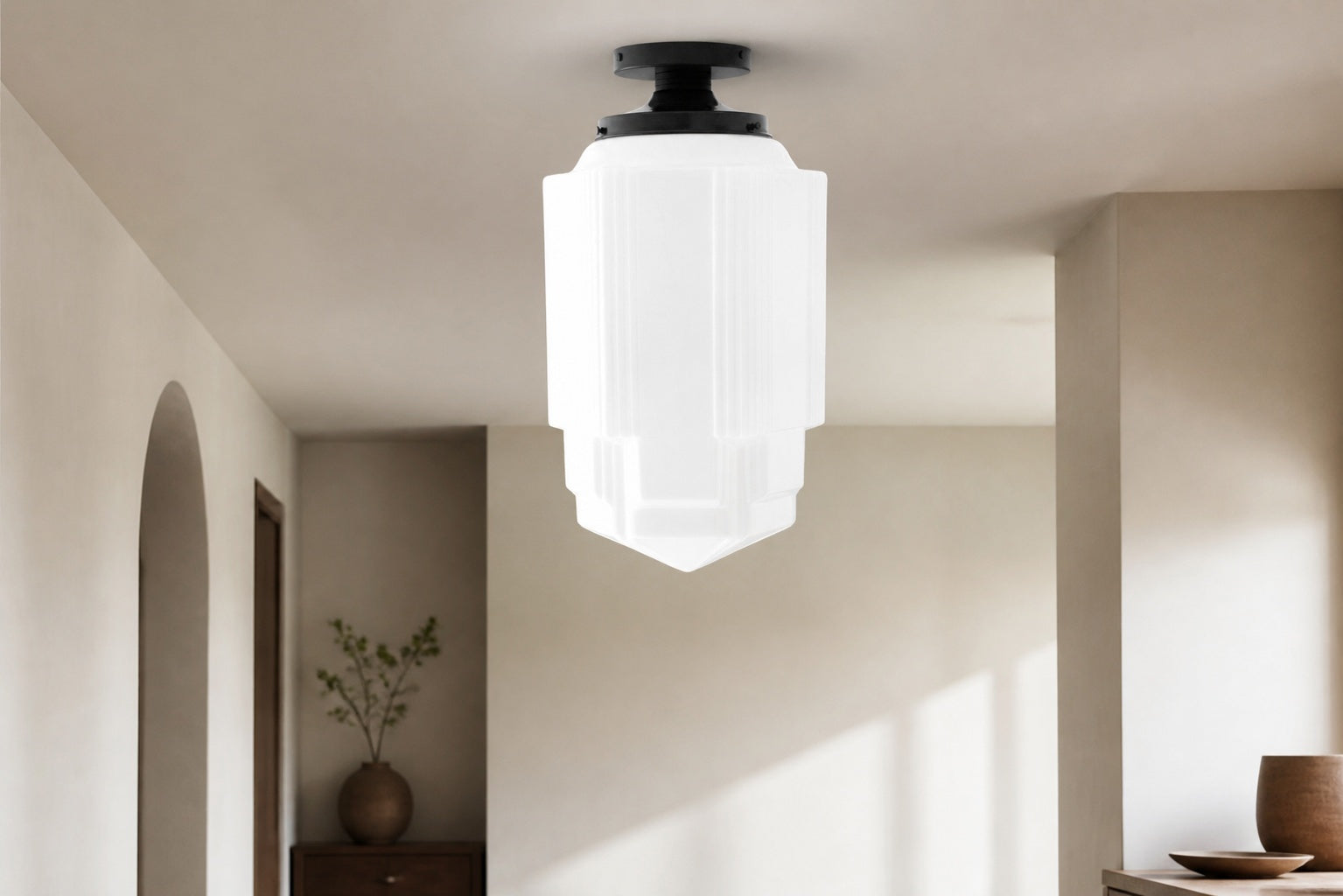Geotower Glass Brass Pendant – Opal Globe Art Deco Hanging Light