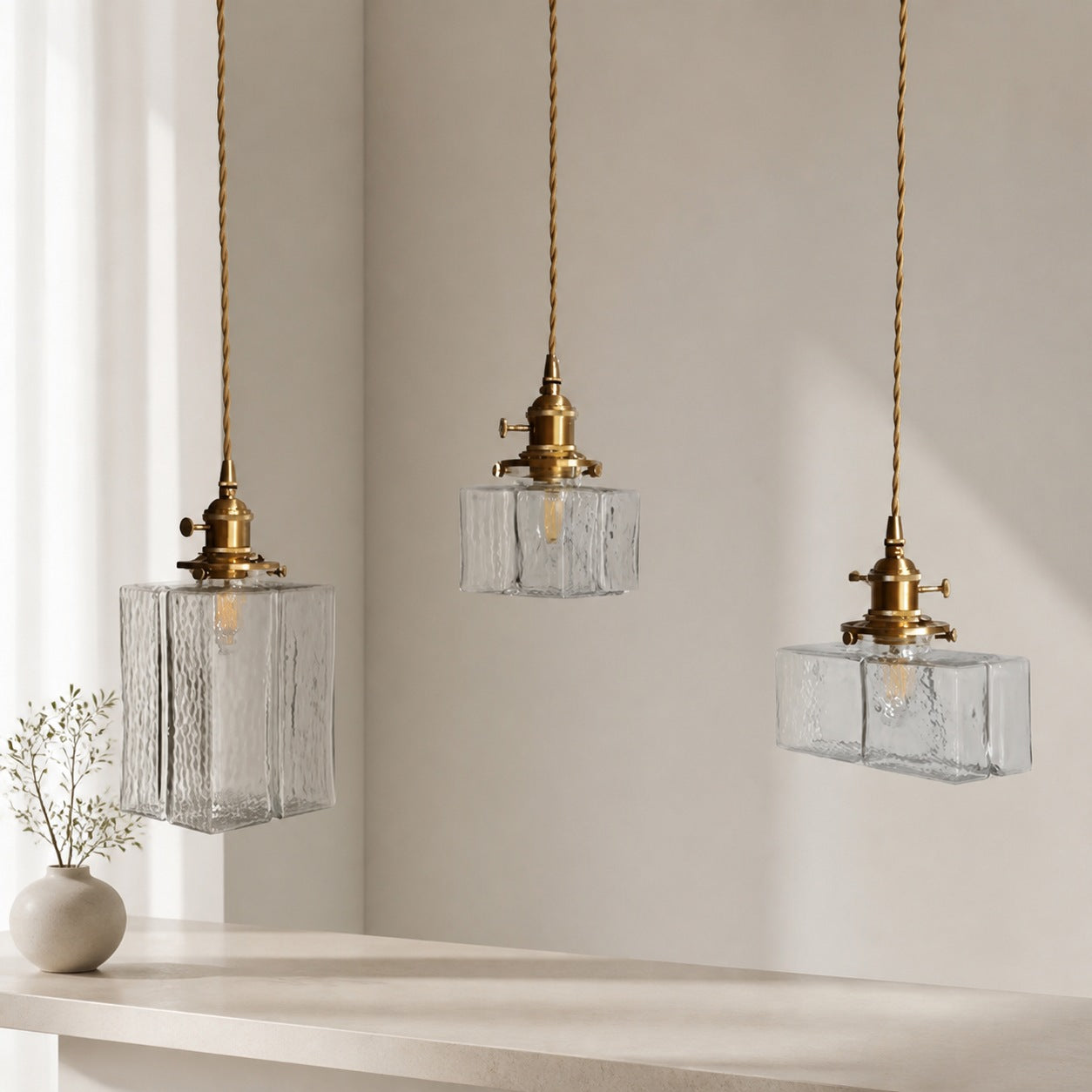 Traditional Vintage Square Rectangle Ripple Glass Iron 1-Light Pendant Light For Living Room