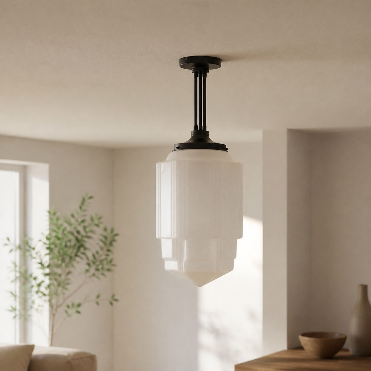 Geotower Glass Brass Pendant – Opal Globe Art Deco Hanging Light
