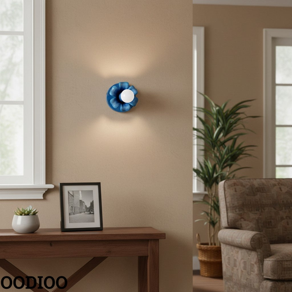Aged Blue Wall Sconce - Brass Flower Accent Lighting for Bathroom & Hallway