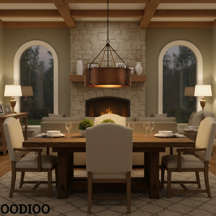 Industrial Bronze Drum Pendant Light – Rustic Metal 4 - Light Chandelier