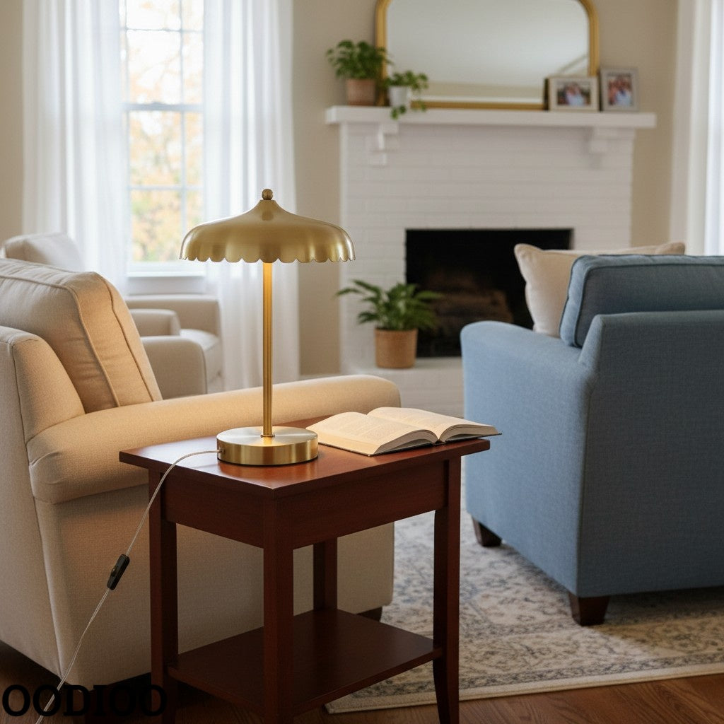 Rayla Vintage Brass Finish Table Lamp – Scalloped Glass Shade for Bedroom Accent