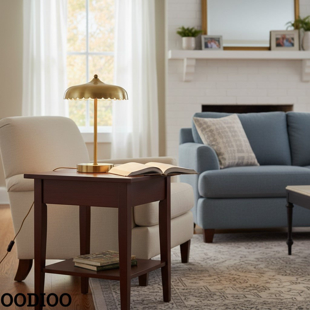 Rayla Vintage Brass Finish Table Lamp – Scalloped Glass Shade for Bedroom Accent