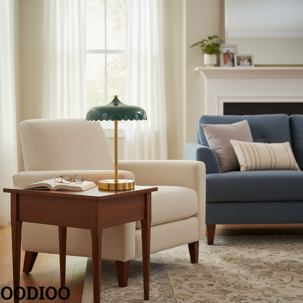 Rayla Vintage Brass Finish Table Lamp – Scalloped Glass Shade for Bedroom Accent