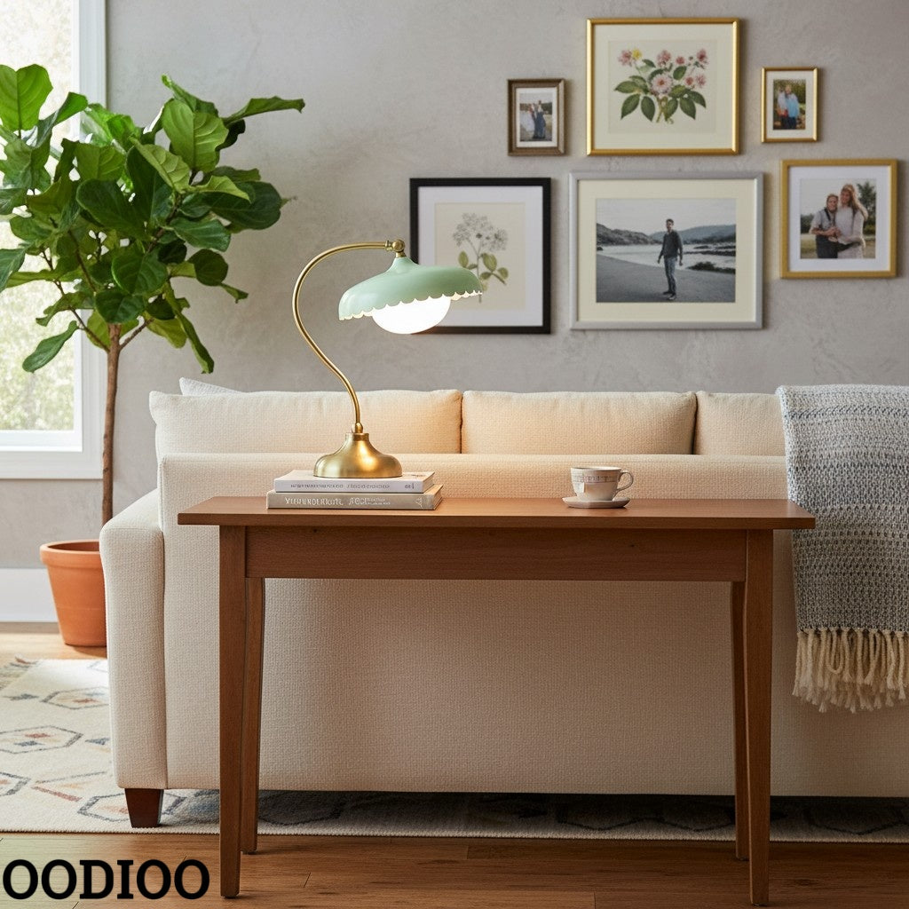 Rayla Vintage Brass Finish Table Lamp – Scalloped Glass Shade for Bedroom Accent