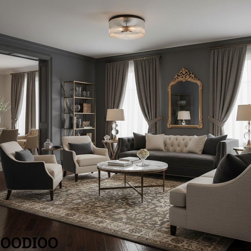 Cooper Ribbed Glass Flush Mount Ceiling Lamp -  Drum Crystal Light