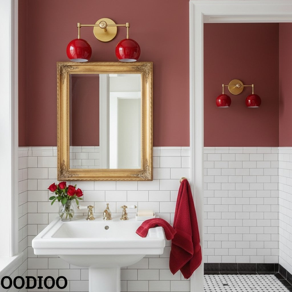 Red Wall Sconce - Double Ball Shades Bathroom Wall Light