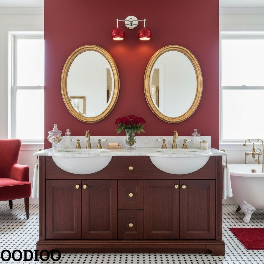 Red Wall Sconce - Double Ball Shades Bathroom Wall Light