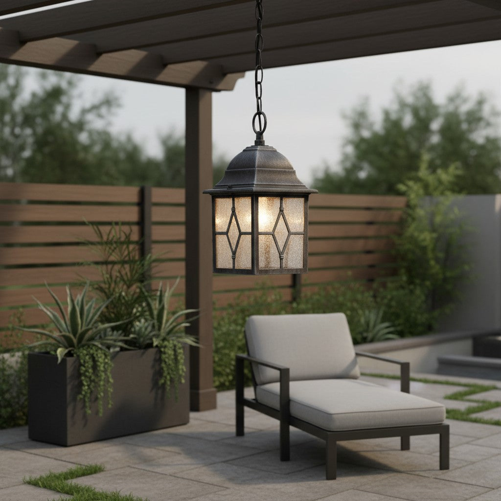 Frostine Outdoor Hanging Lantern - Geometric Leaded Glass for Garden Entryway