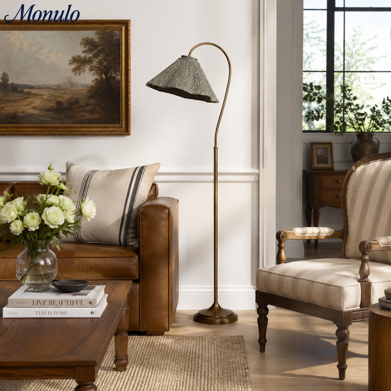 Solmire Floral Gooseneck Floor Lamp - Pleated Fabric Metal Shade for Living Room and Bedroom