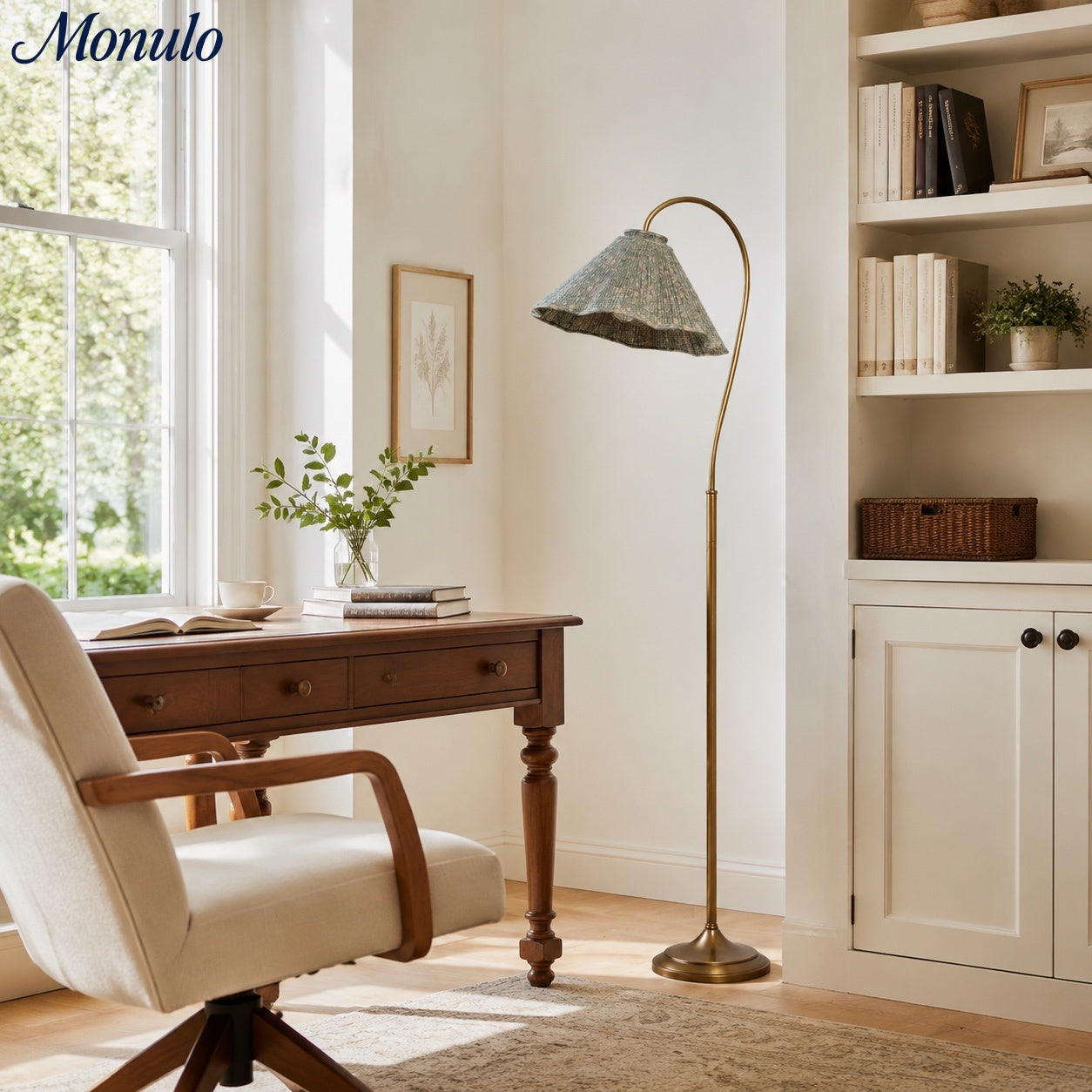 Solmire Floral Gooseneck Floor Lamp - Pleated Fabric Metal Shade for Living Room and Bedroom