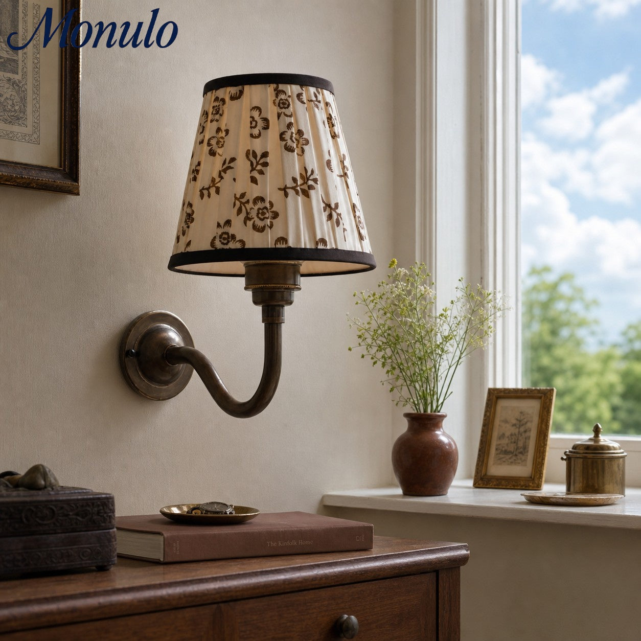 Solmire Fabric Wall Sconce - Vintage Linen Cotton Shade with Curved Metal Arm for Bedroom and Hallway