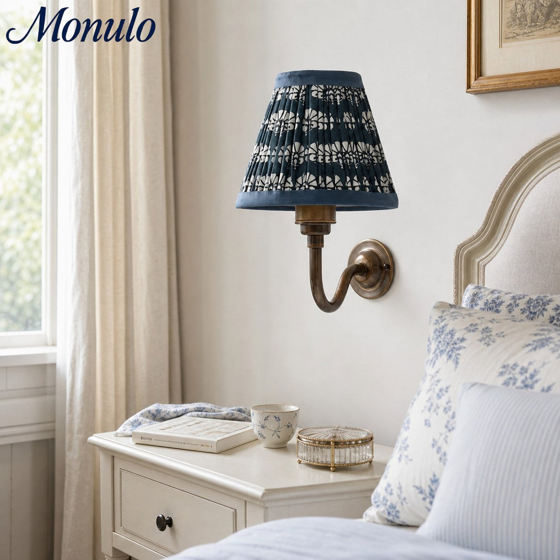 Solmire Fabric Wall Sconce - Vintage Linen Cotton Shade with Curved Metal Arm for Bedroom and Hallway
