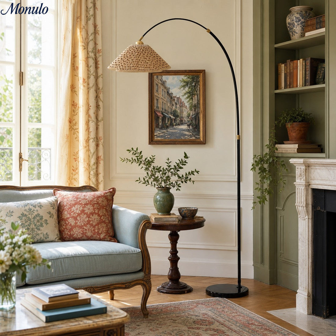 Solmire Veslin Arc Floor Lamp - Pleated Floral Fabric Shade French Style Floor Light for Bedroom and Living Room