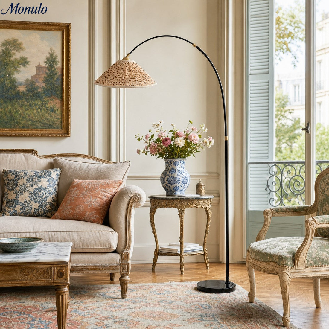 Solmire Veslin Arc Floor Lamp - Pleated Floral Fabric Shade French Style Floor Light for Bedroom and Living Room