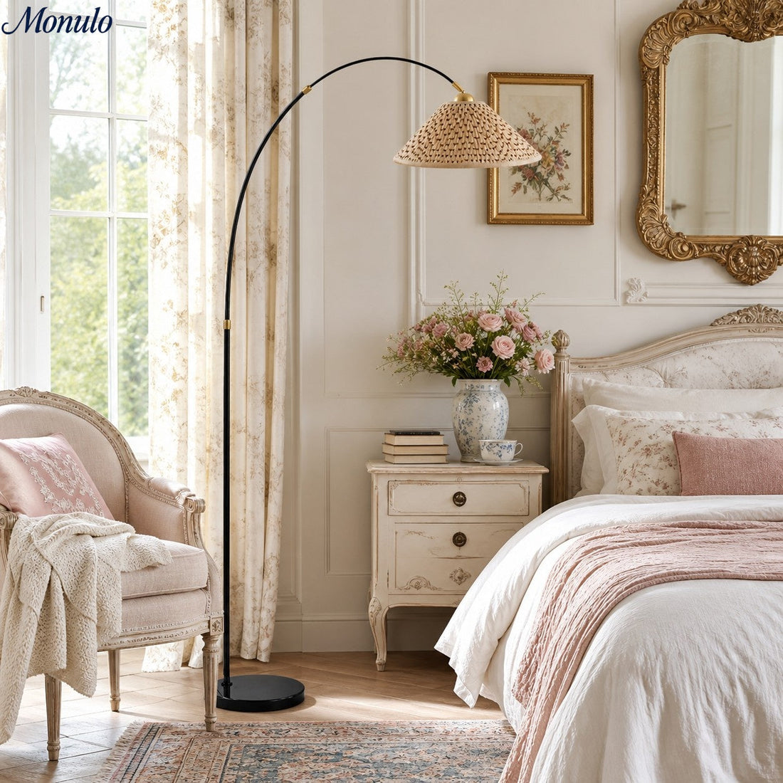 Solmire Veslin Arc Floor Lamp - Pleated Floral Fabric Shade French Style Floor Light for Bedroom and Living Room