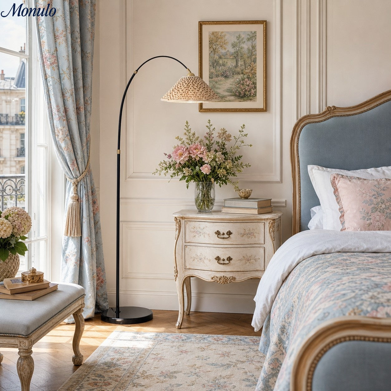 Solmire Veslin Arc Floor Lamp - Pleated Floral Fabric Shade French Style Floor Light for Bedroom and Living Room