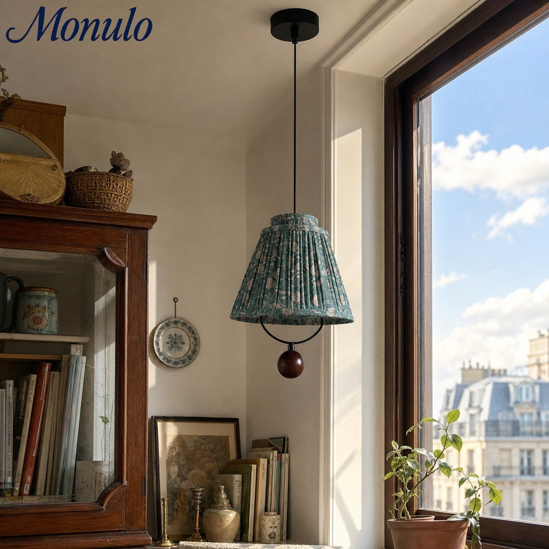Solmire Fabric Pendant Light - Floral Pleated Shade with Wood and Iron Accents for Dining Room and Kitchen Island