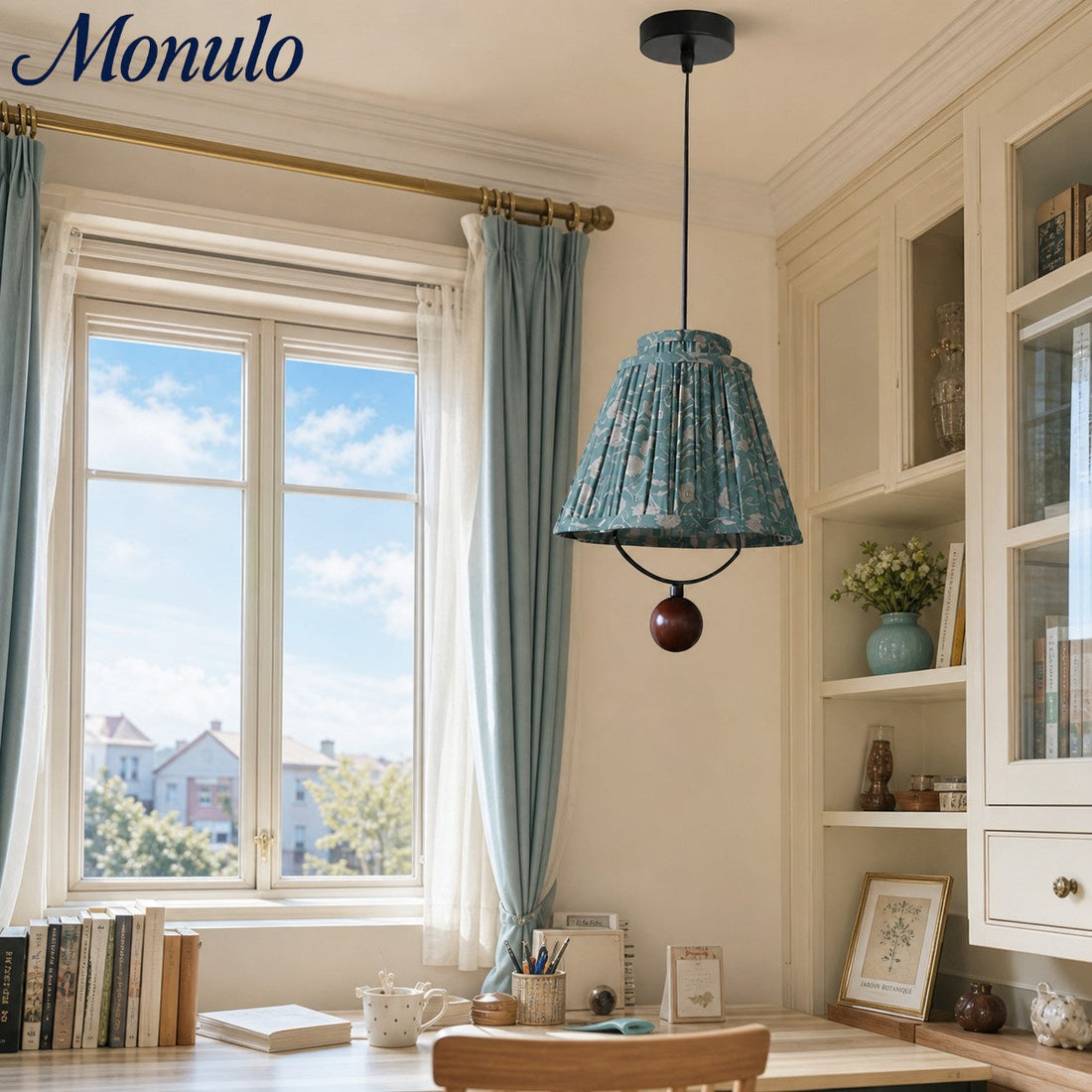 Solmire Fabric Pendant Light - Floral Pleated Shade with Wood and Iron Accents for Dining Room and Kitchen Island