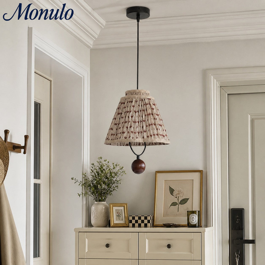 Solmire Fabric Pendant Light - Floral Pleated Shade with Wood and Iron Accents for Dining Room and Kitchen Island