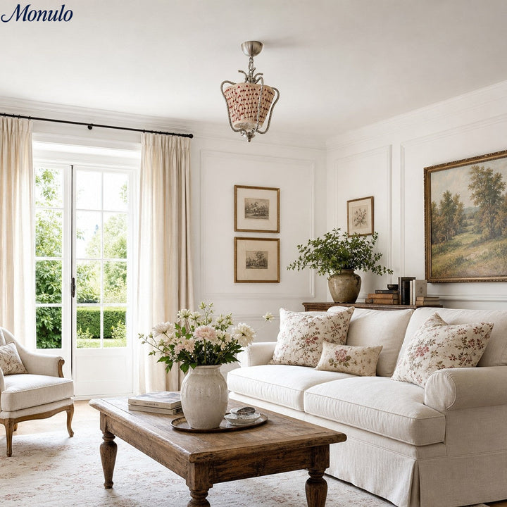 Solmire Floral Fabric Pendant Light - Pleated Cottage Ceiling Lamp for Dining Room or Kitchen Island