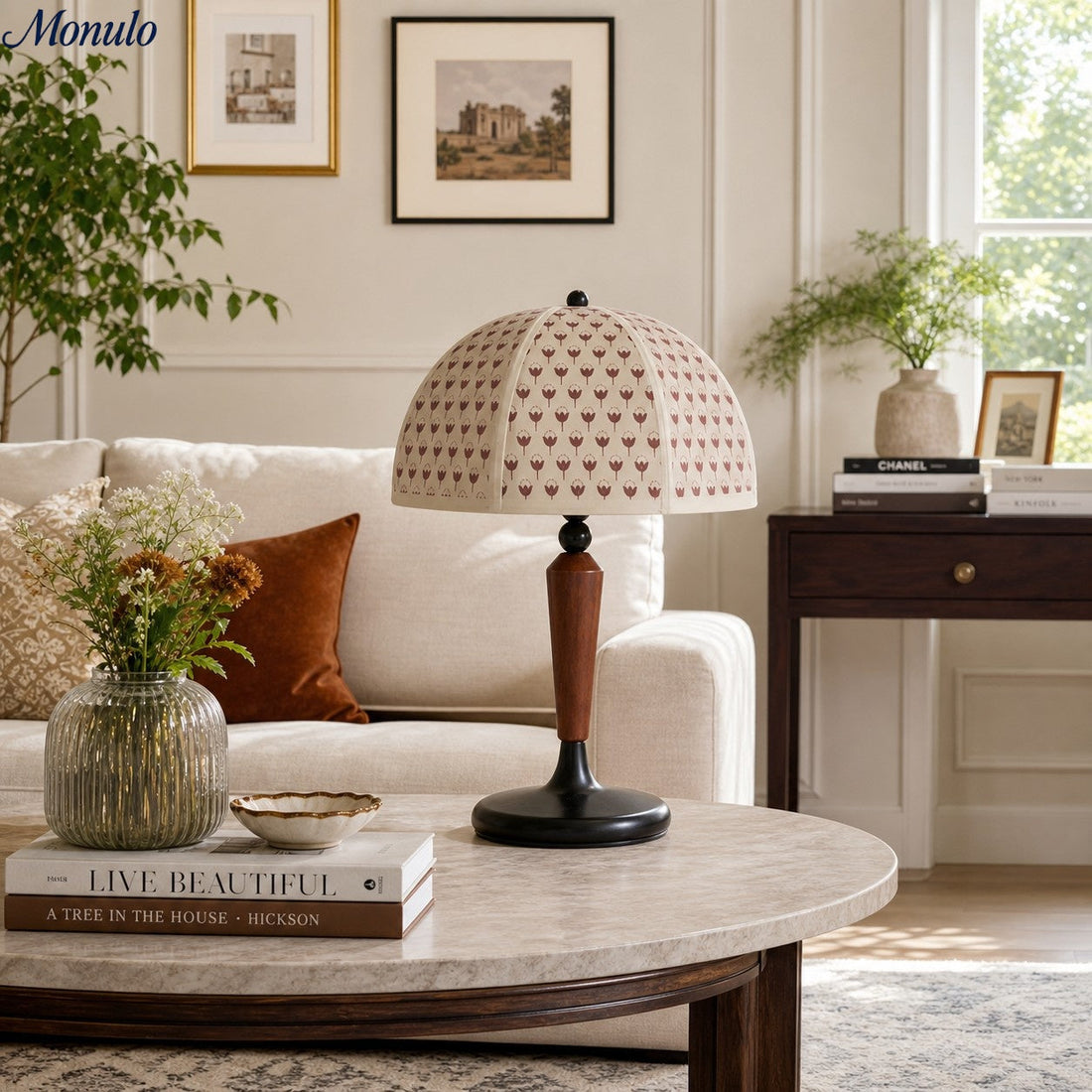 Solmire Table Lamp - French Vintage Fabric Dome Shade with Wood and Metal Base for Bedroom and Living Room