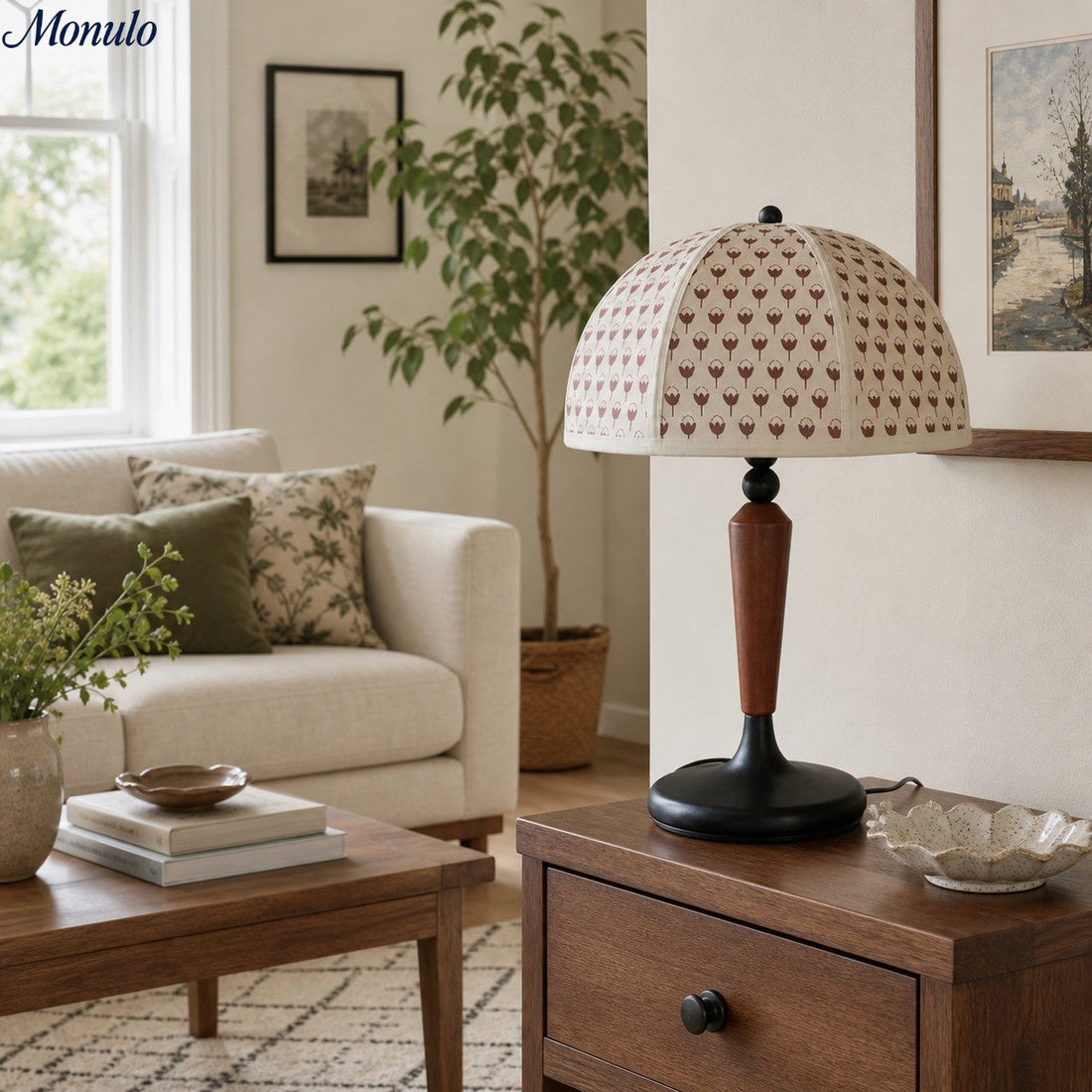 Solmire Table Lamp - French Vintage Fabric Dome Shade with Wood and Metal Base for Bedroom and Living Room