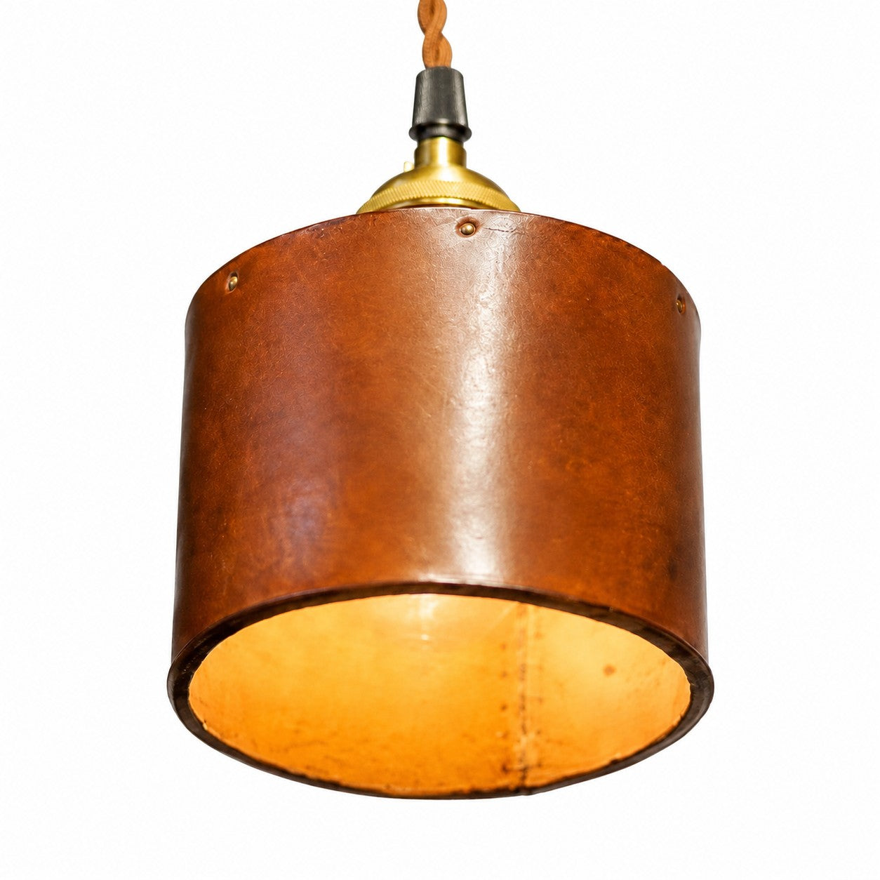 Vintage Brown Leather Cylinder Pendant Lamp with Brass Socket