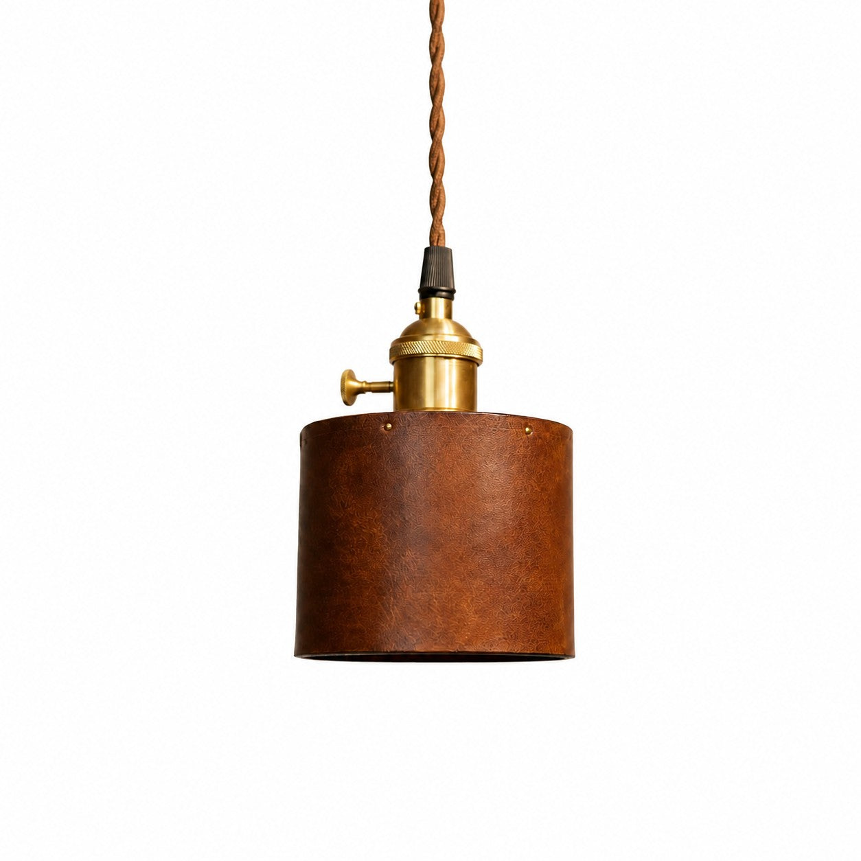 Vintage Brown Leather Cylinder Pendant Lamp with Brass Socket