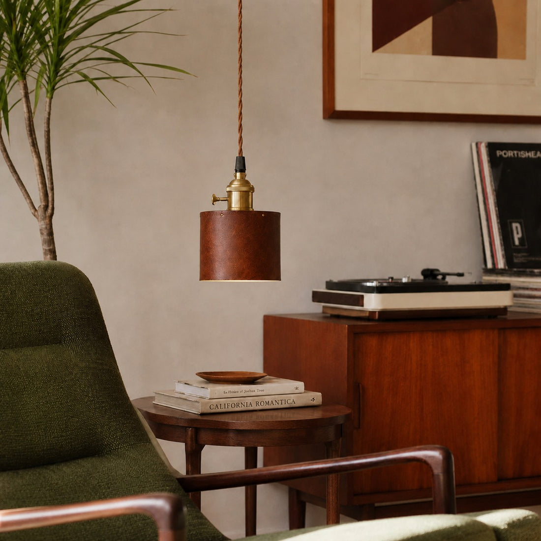 Vintage Brown Leather Cylinder Pendant Lamp with Brass Socket