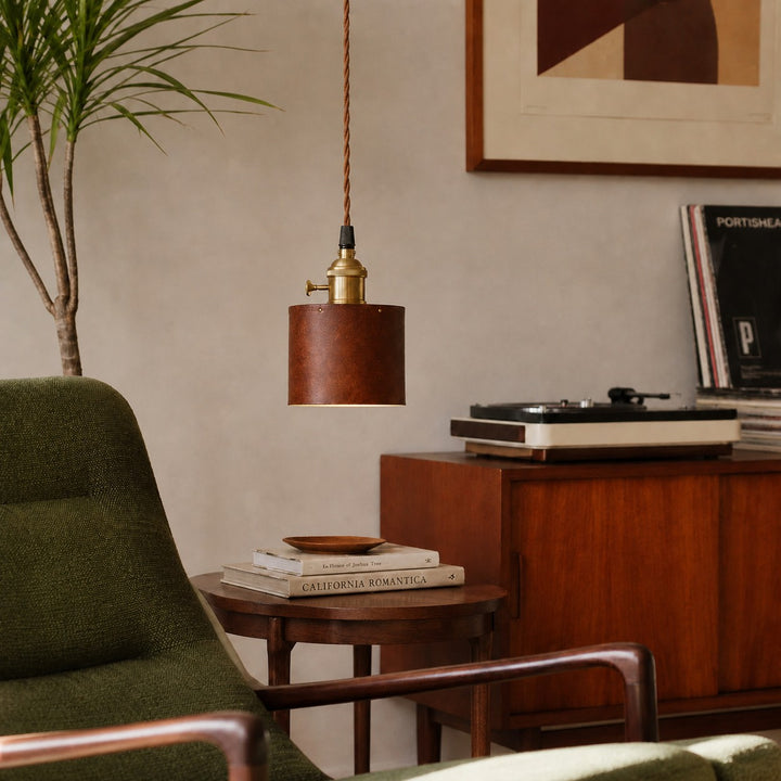Vintage Brown Leather Cylinder Pendant Lamp with Brass Socket