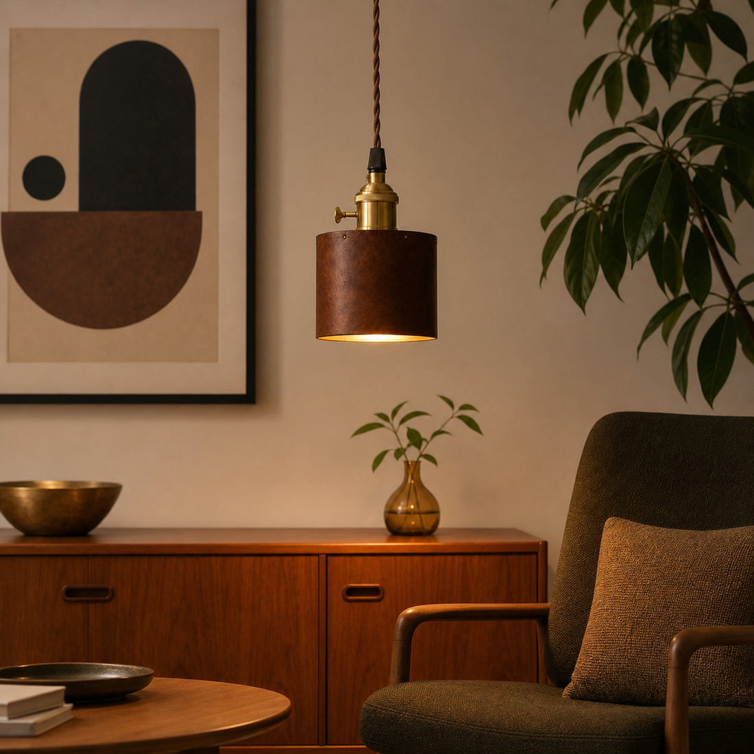 Vintage Brown Leather Cylinder Pendant Lamp with Brass Socket