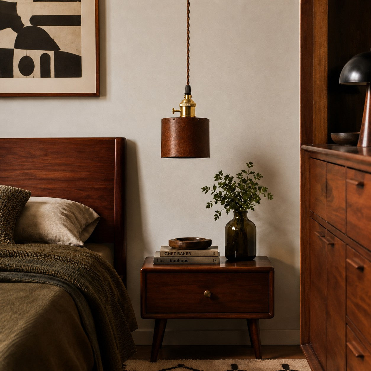 Vintage Brown Leather Cylinder Pendant Lamp with Brass Socket
