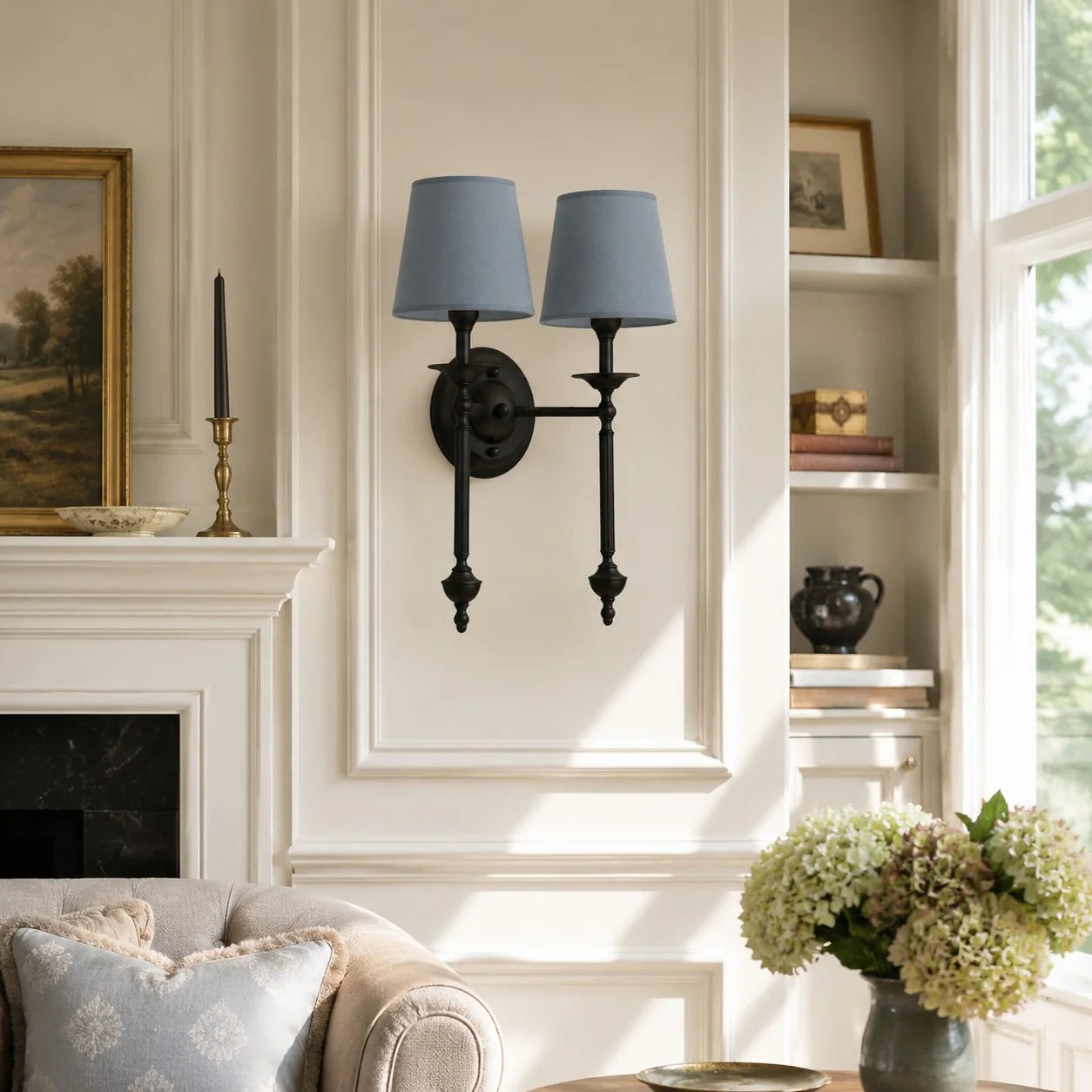Arcuma 2 Heads Black Dusty Blue in a living room setting