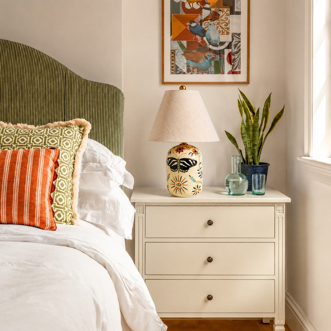 Ceruna Ceramic Table Lamp - Tapered Linen Shade Wax Resist for Bedroom