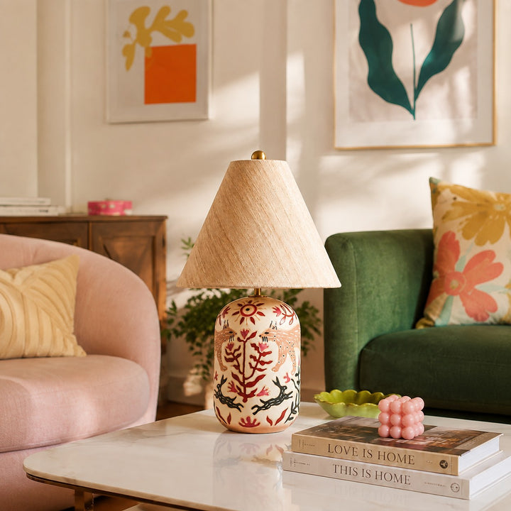 Ceruna Ceramic Table Lamp - Tapered Linen Shade Wax Resist for Bedroom