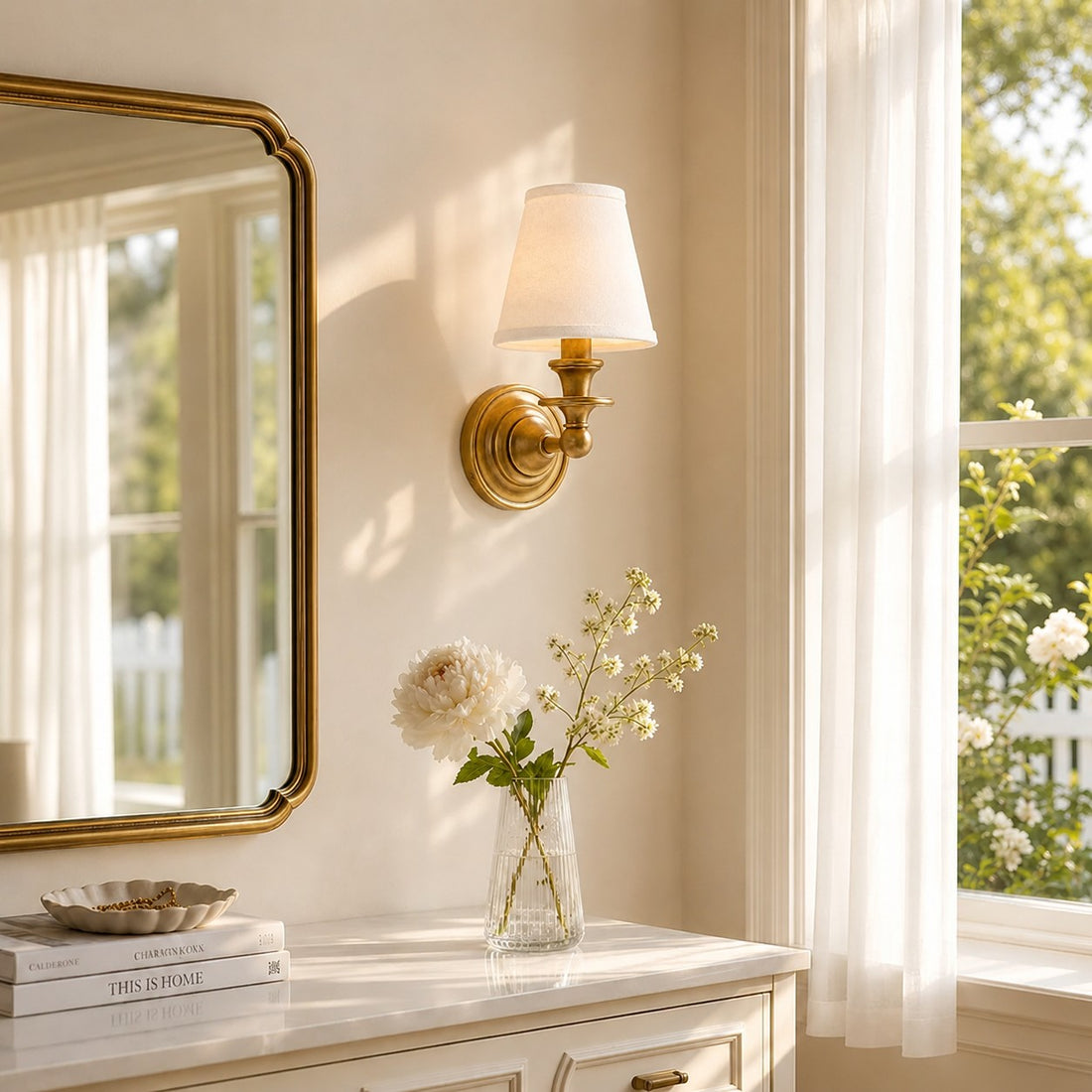 Kalvora White Pleated Brass wall sconce beside a bathroom mirror