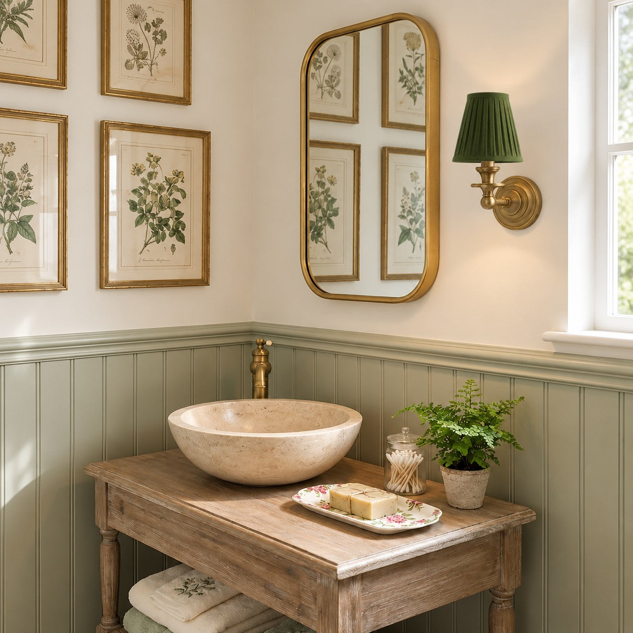 Kalvora Green Plain Brass wall sconce in a classic bathroom