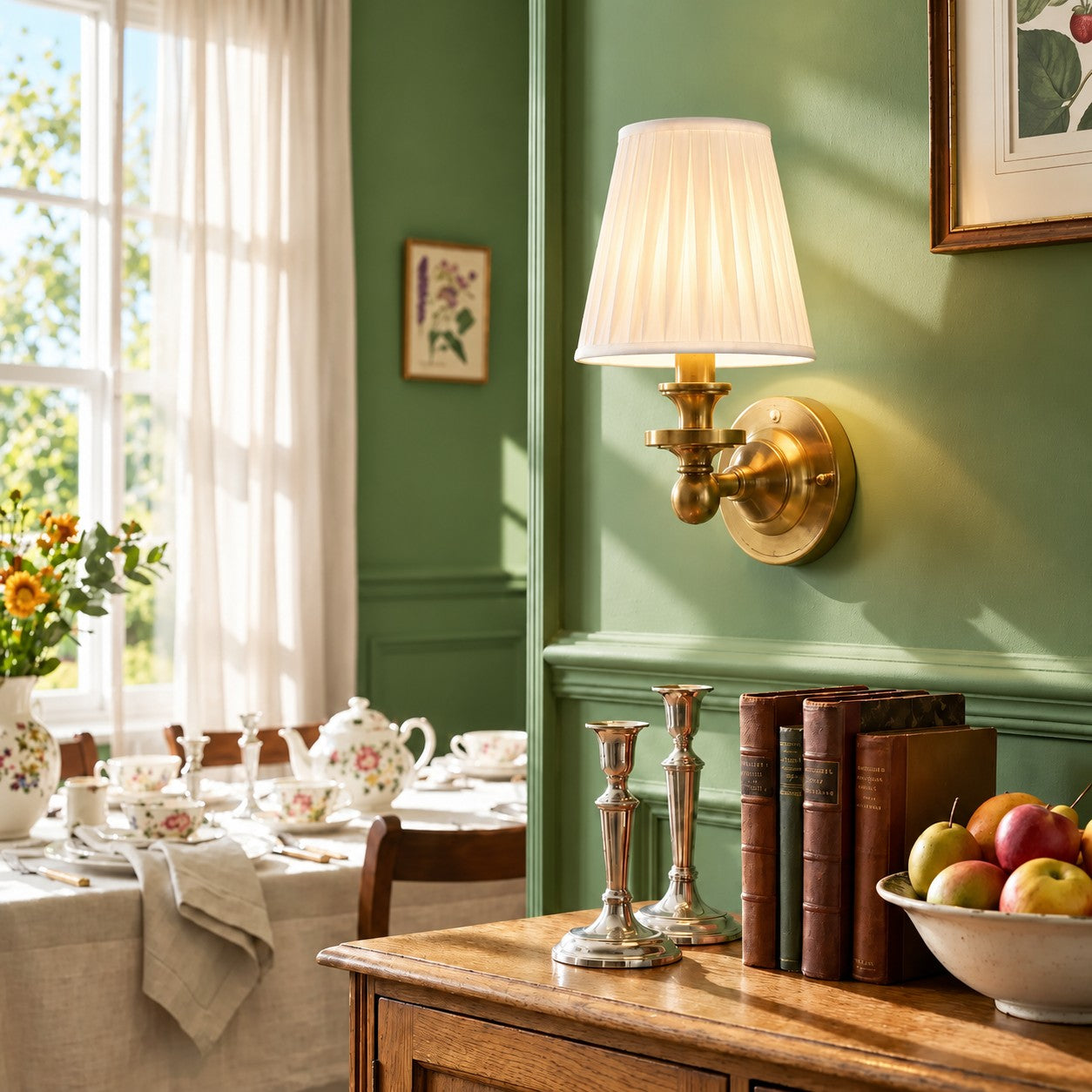 Kalvora White Pleated wall sconce in a green dining room