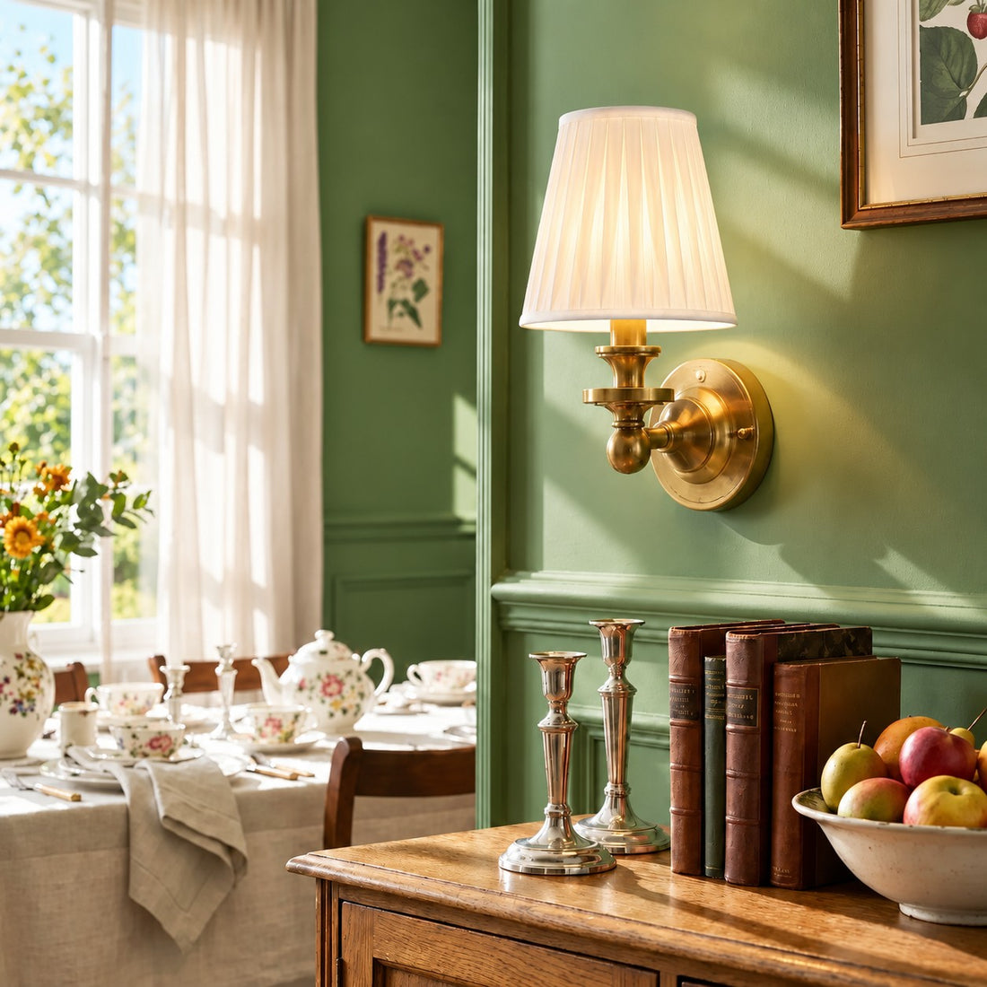 Kalvora White Pleated wall sconce in a green dining room