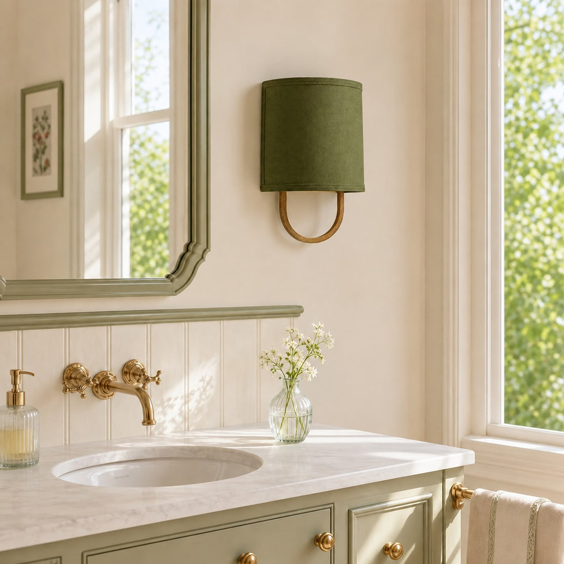Nolvara Green Antique Brass wall light beside a bathroom mirror