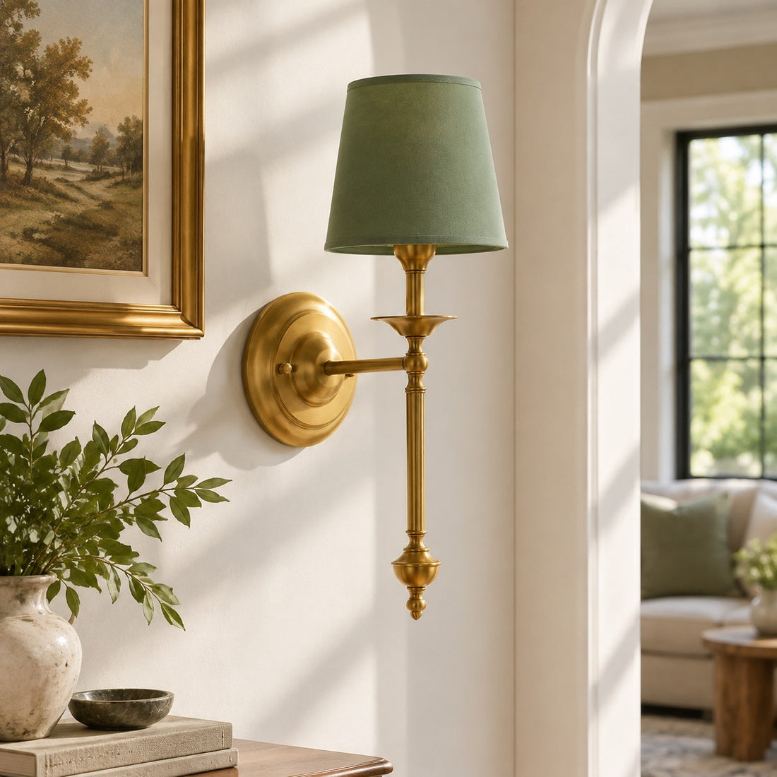 Arcuma 1 Head Vintage Brass Sage Green in an interior setting