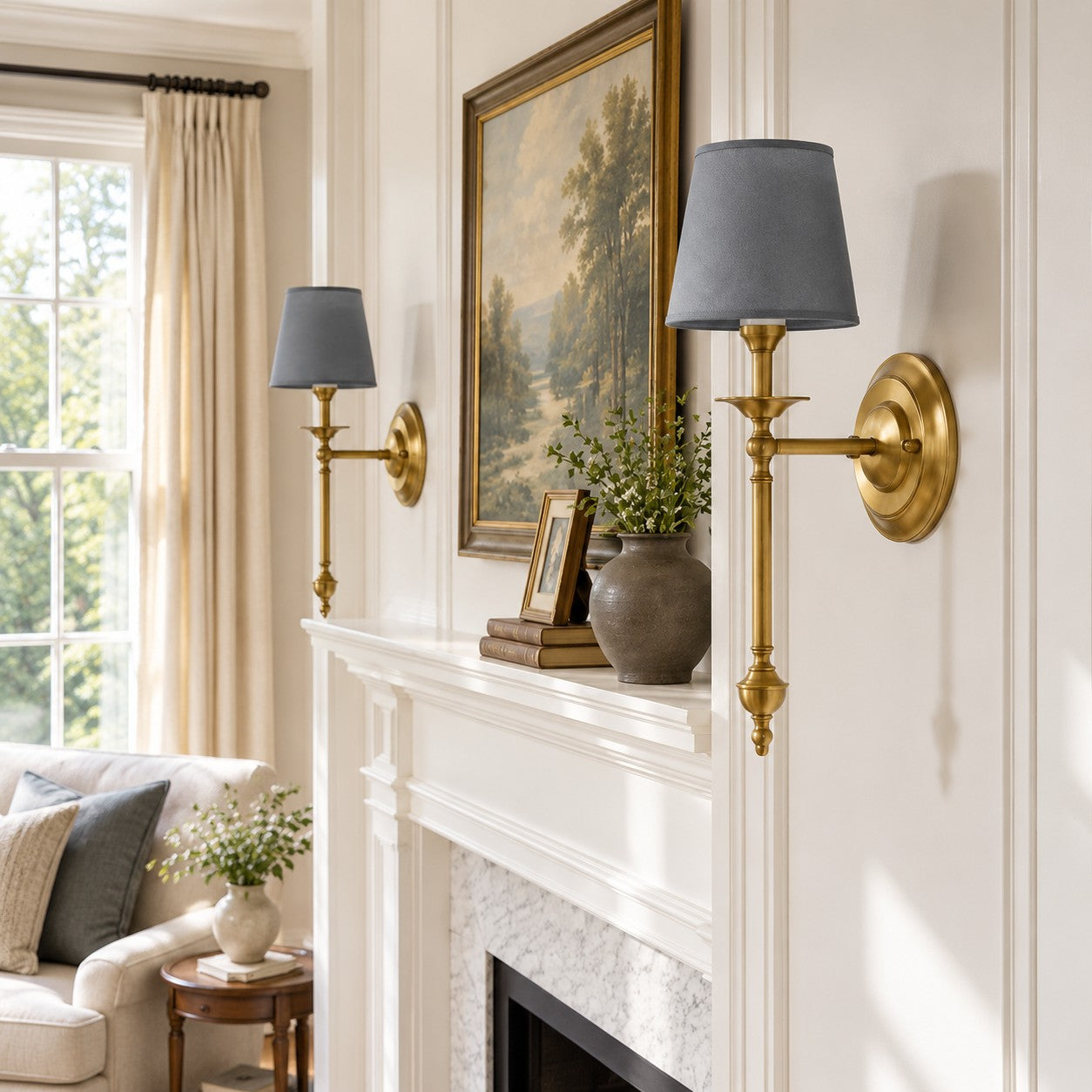 Arcuma 1 Head Vintage Brass Dusty Blue beside a fireplace