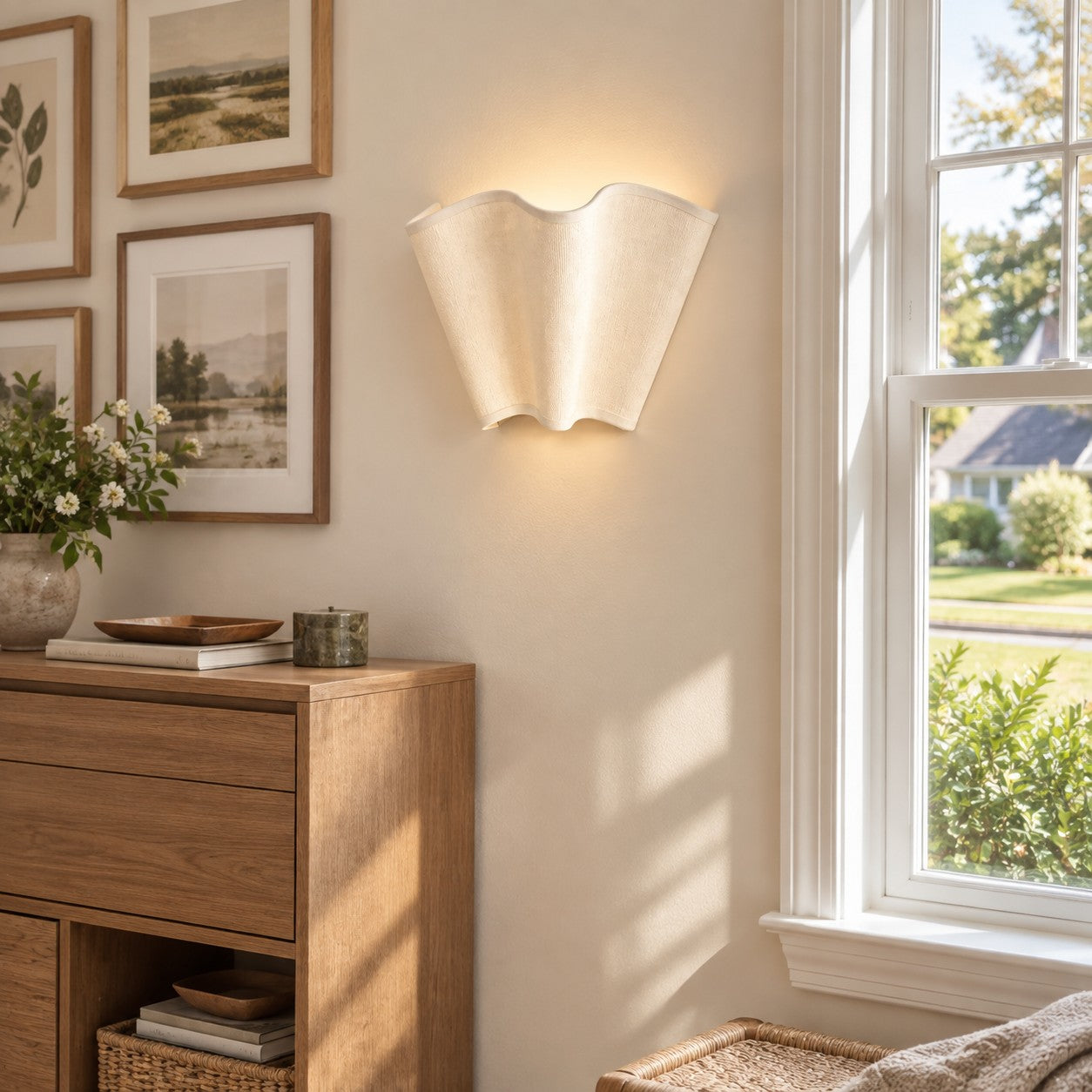Oslan Modern Plug-In Sconce - Scalloped Ivory Linen Shade Wall Lamp