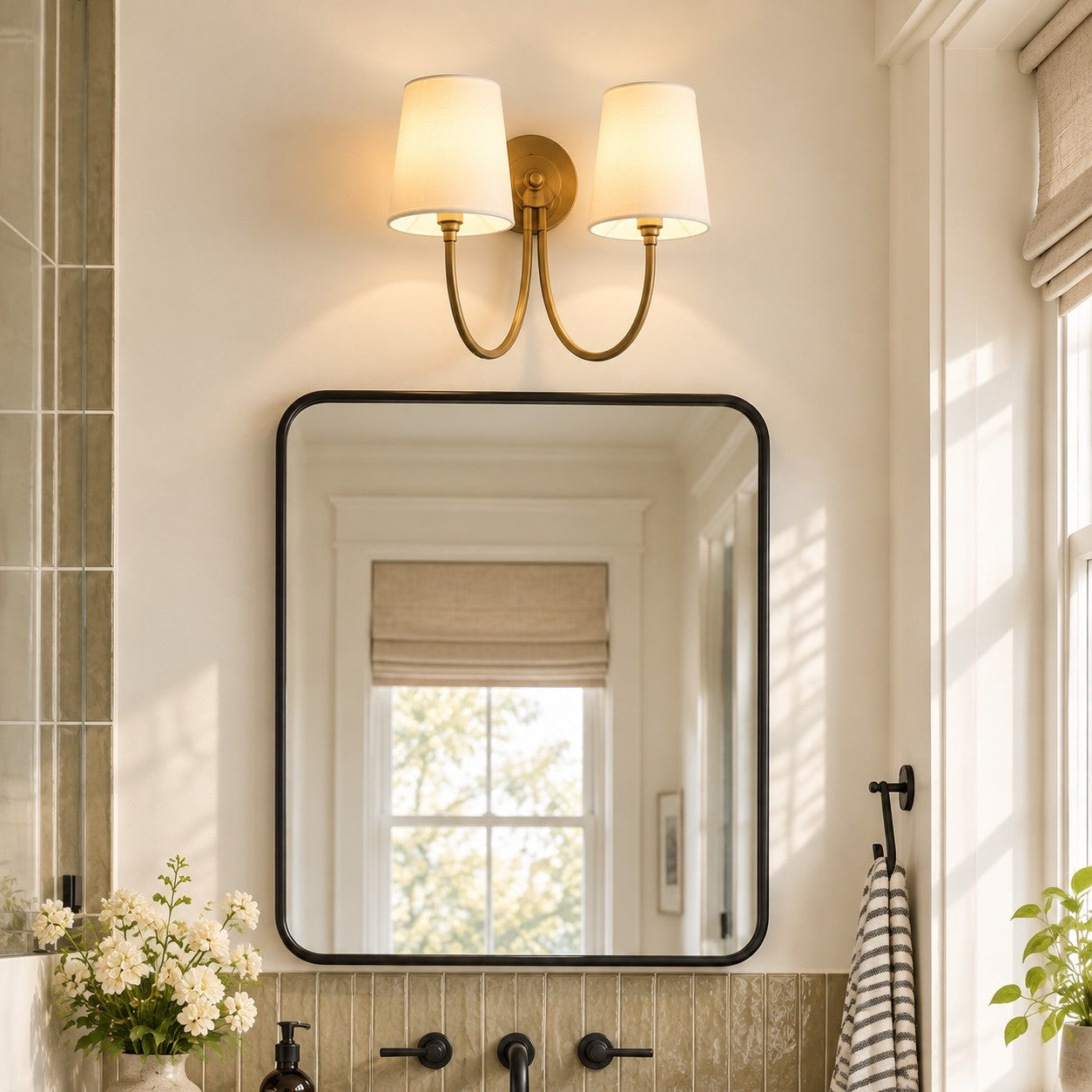 Roven Modern Double Wall Sconce with Curved Arms and Fabric Shades – Classic Accent Lighting for Bedroom