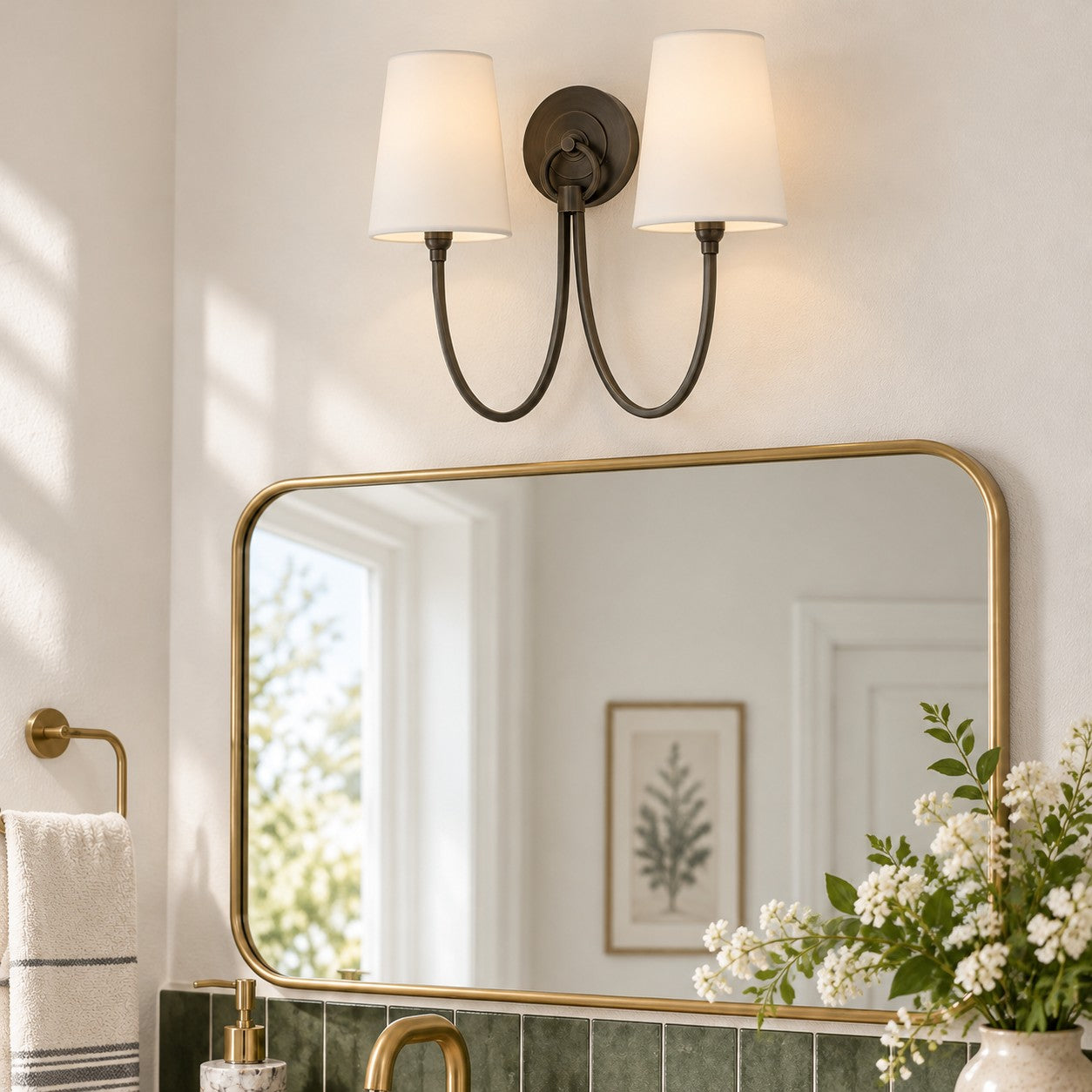 Roven Modern Double Wall Sconce with Curved Arms and Fabric Shades – Classic Accent Lighting for Bedroom