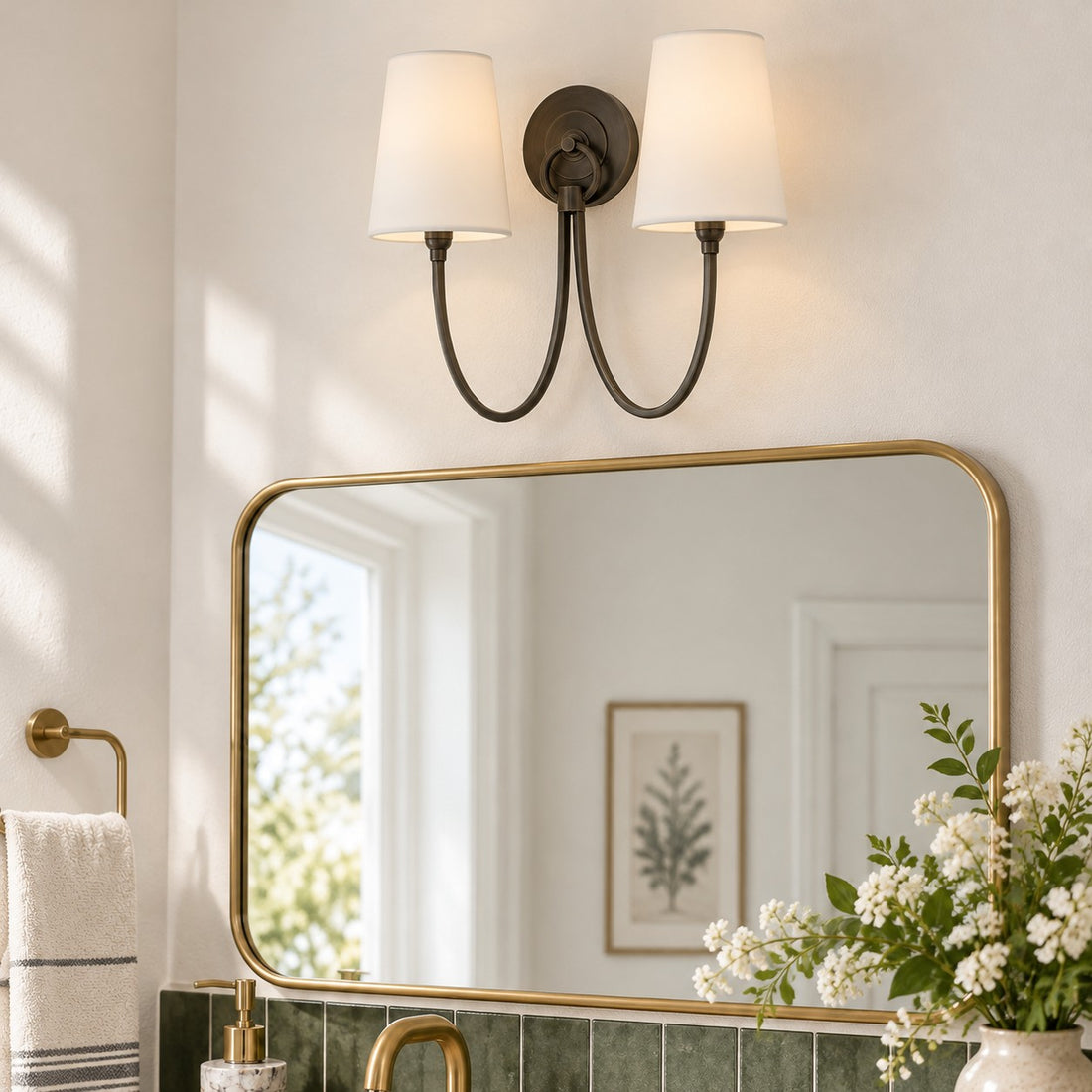 Roven Modern Double Wall Sconce with Curved Arms and Fabric Shades – Classic Accent Lighting for Bedroom