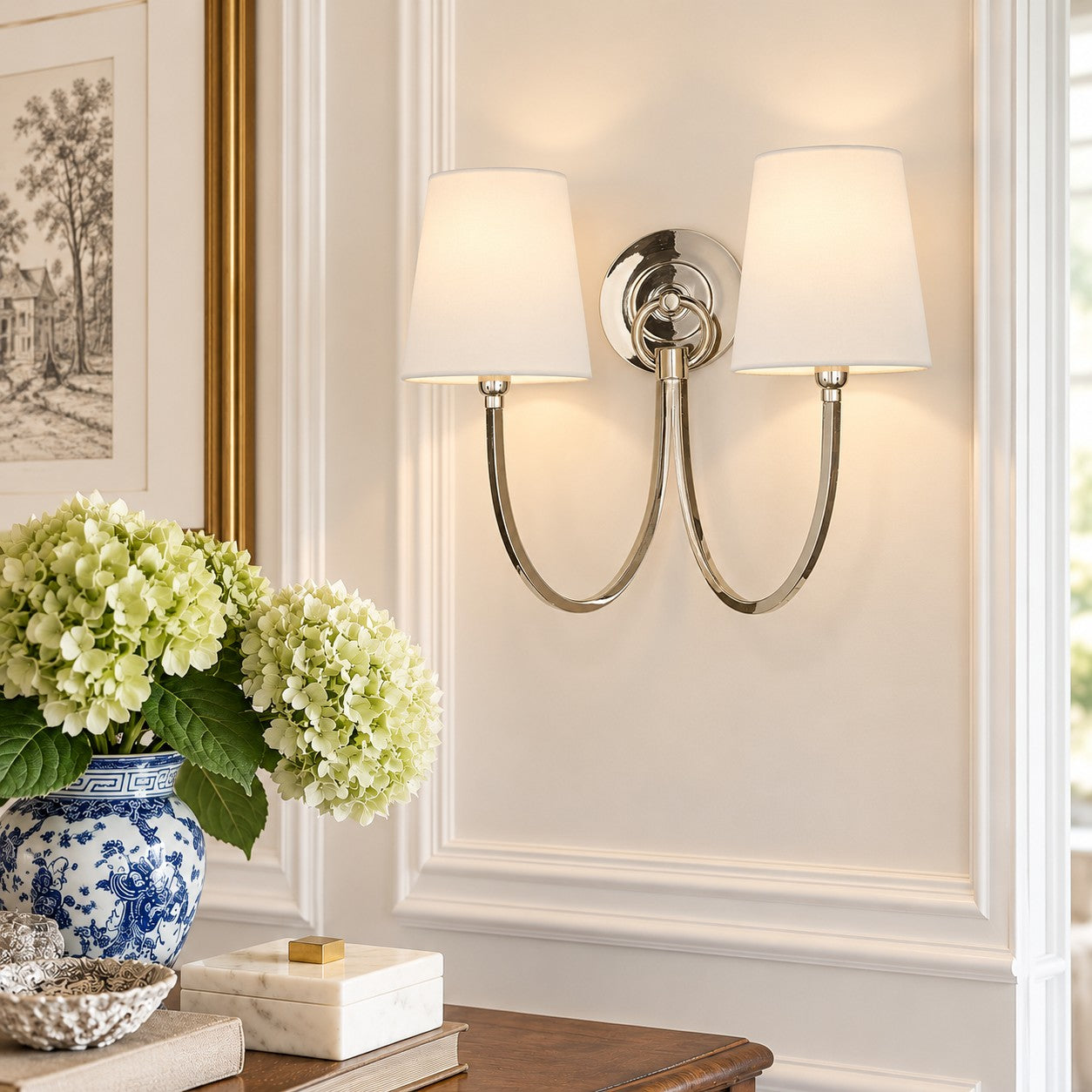 Roven Modern Double Wall Sconce with Curved Arms and Fabric Shades – Classic Accent Lighting for Bedroom