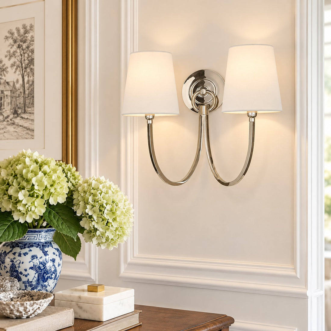 Roven Modern Double Wall Sconce with Curved Arms and Fabric Shades – Classic Accent Lighting for Bedroom